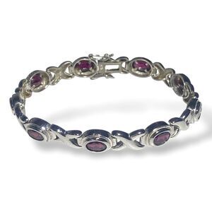 Vintage 925 Sterling Silver Garnet Stone XO Link Bracelet 7" / Fits 6.5" Wrist
